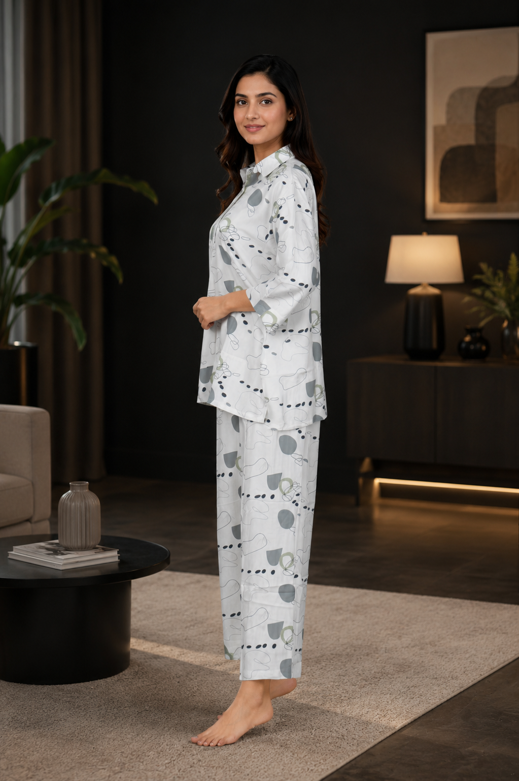 43289 Premium White Abstract Print Mall Cotton Night Suit Co-Ord Set for Women 43289-268-WHT - Image 4