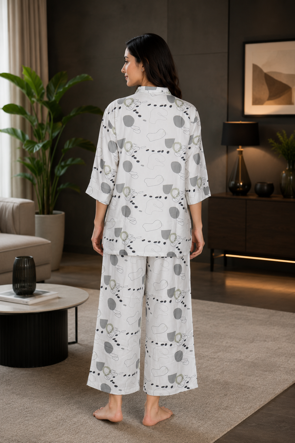 43289 Premium White Abstract Print Mall Cotton Night Suit Co-Ord Set for Women 43289-268-WHT - Image 3