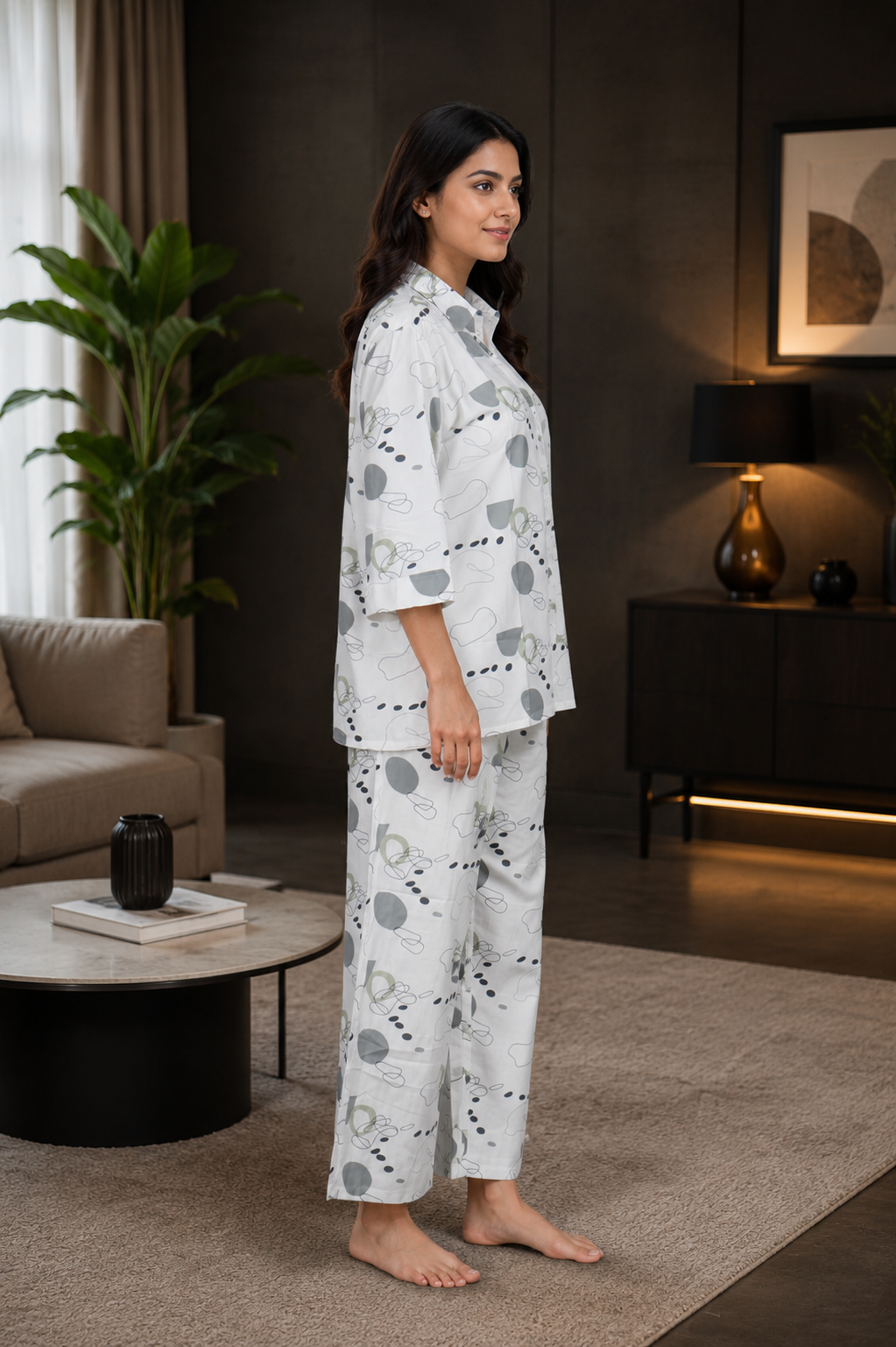 43289 Premium White Abstract Print Mall Cotton Night Suit Co-Ord Set for Women 43289-268-WHT - Image 2