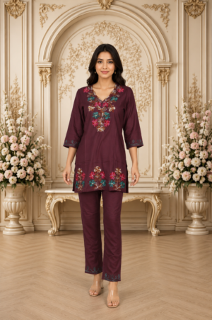 CS41148FL  Elegant Wine Floral Embroidered Mall Cotton Kurta Pant Set for Women CS41148FL-441-ONN