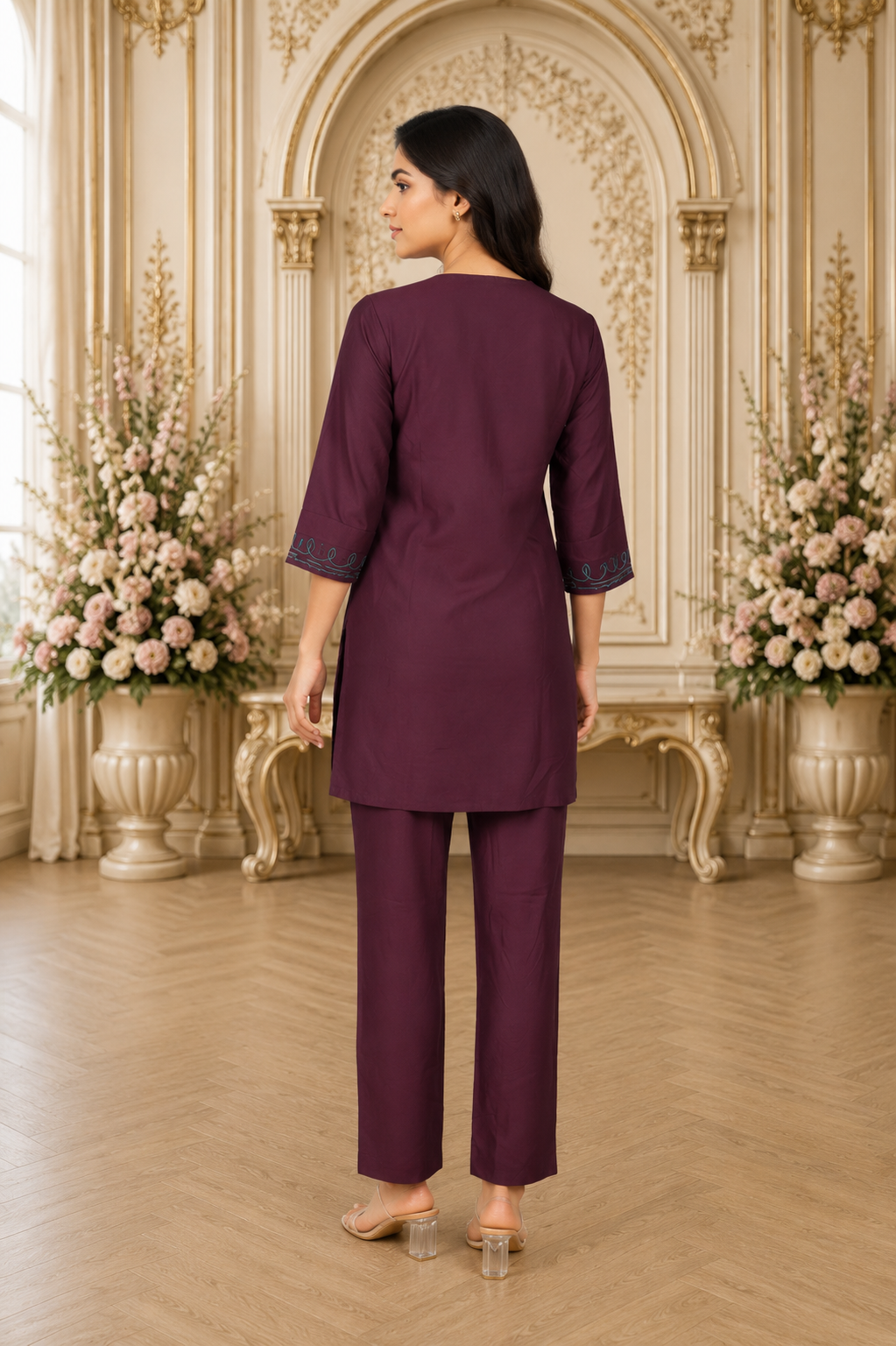 CS41148FL Elegant Wine Floral Embroidered Mall Cotton Kurta Pant Set for Women CS41148FL-441-ONN - Image 3