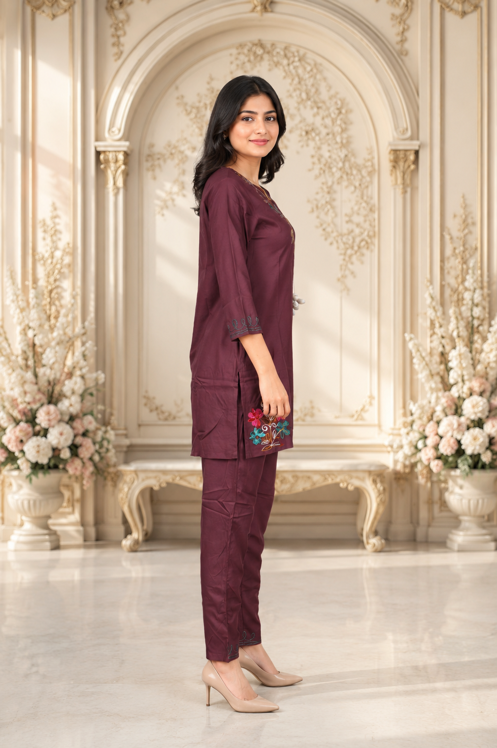 CS41148FL Elegant Wine Floral Embroidered Mall Cotton Kurta Pant Set for Women CS41148FL-441-ONN - Image 2