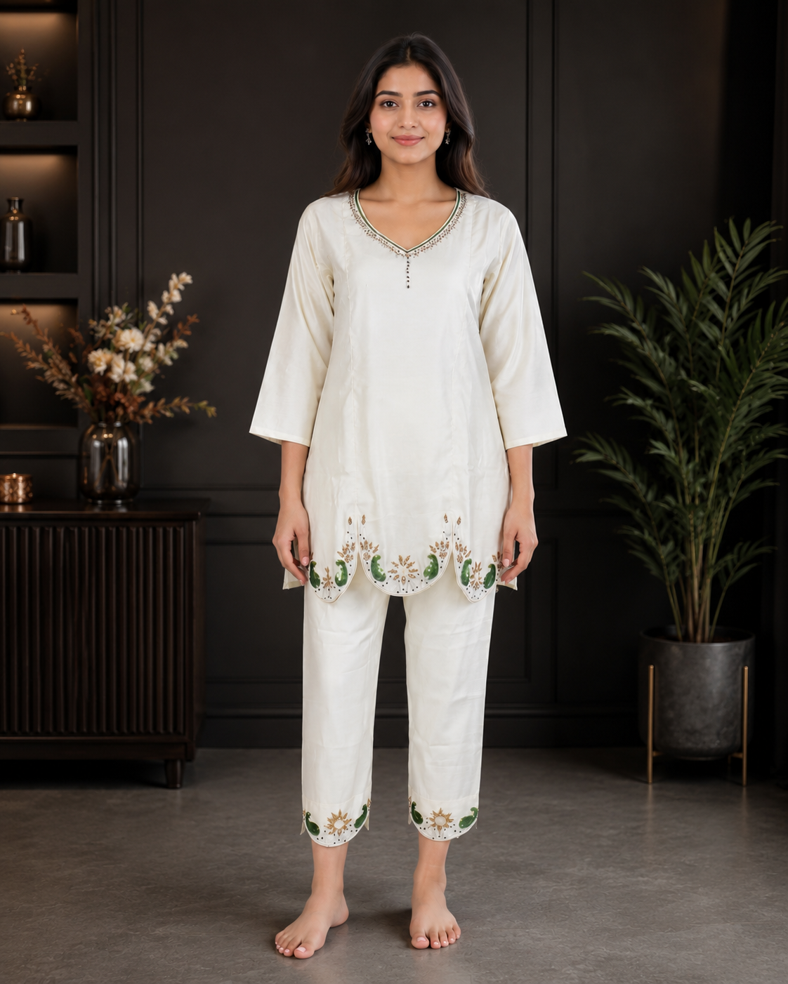 CV05 Elegant Off-White Embroidered Mall Cotton Kurta Pant Set for Women CV05-T419-O WHT