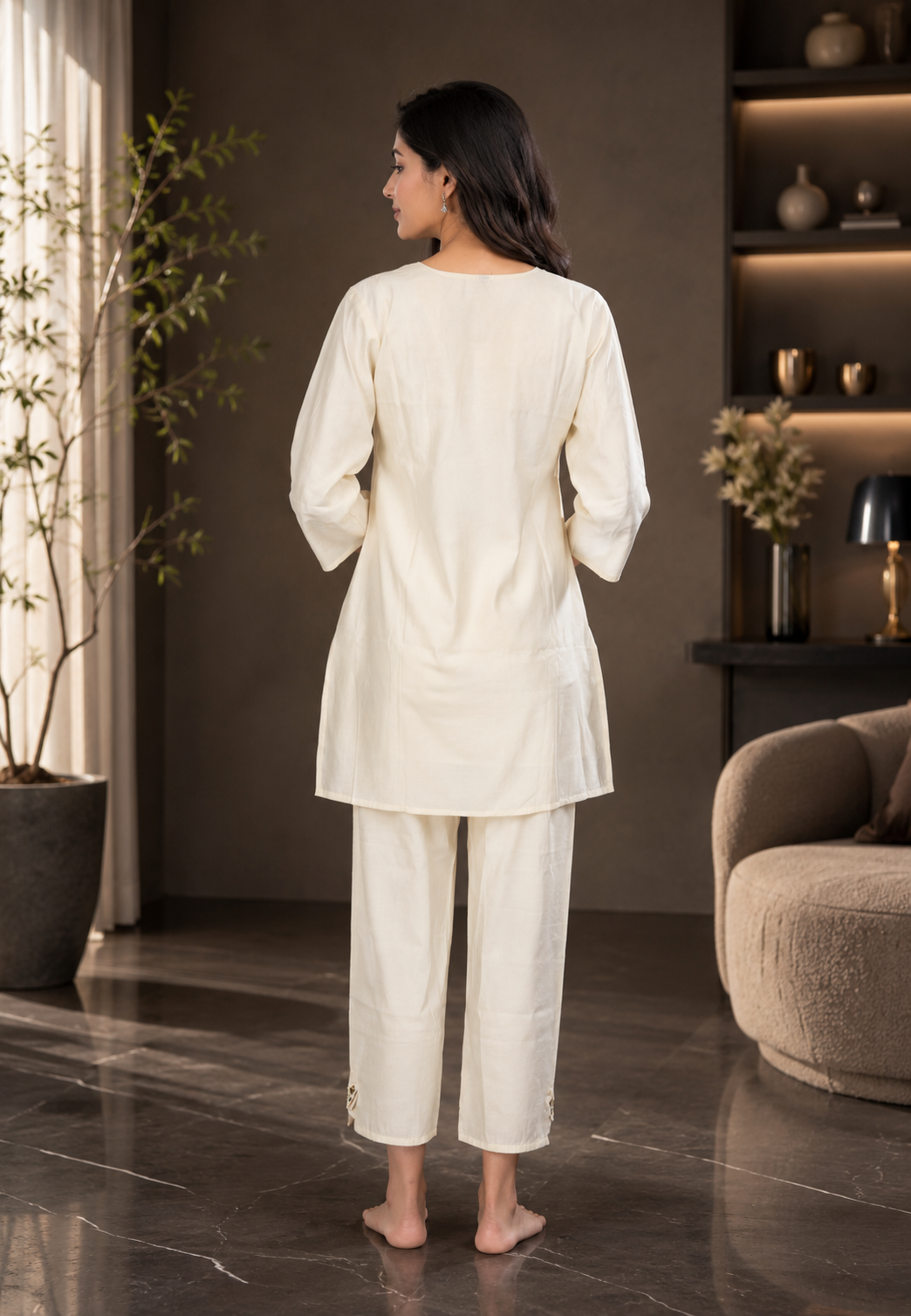 CV05 Elegant Off-White Embroidered Mall Cotton Kurta Pant Set for Women CV05-T419-O WHT - Image 4