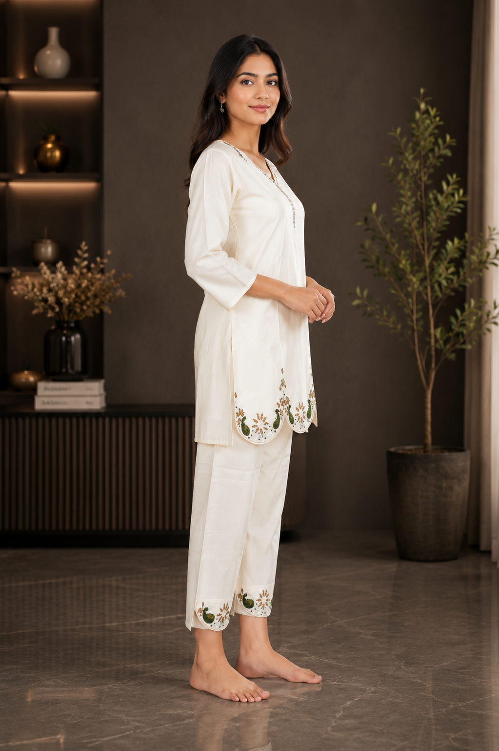 CV05 Elegant Off-White Embroidered Mall Cotton Kurta Pant Set for Women CV05-T419-O WHT - Image 3
