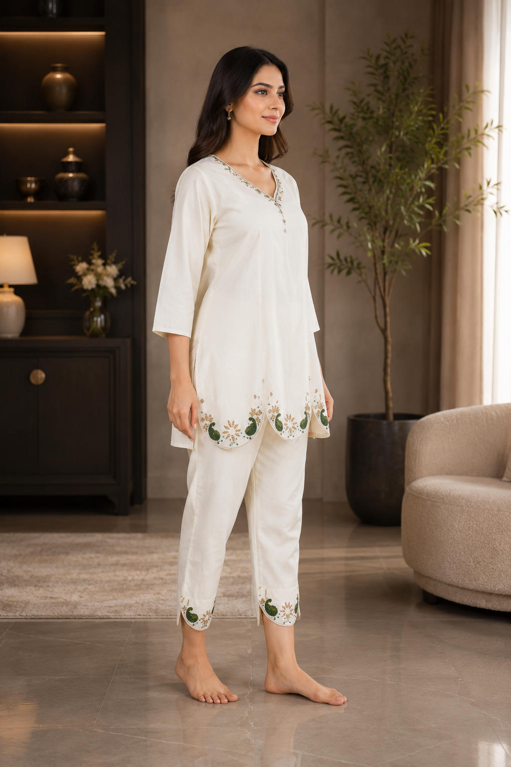 CV05 Elegant Off-White Embroidered Mall Cotton Kurta Pant Set for Women CV05-T419-O WHT - Image 2