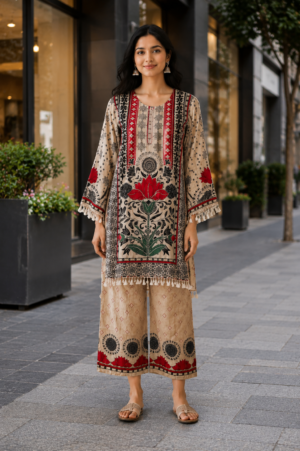 JUDWAEM Elegant Beige Floral Printed Mall Cotton Kurta & Palazzo Set for Women JUDWAEM-449-FWN