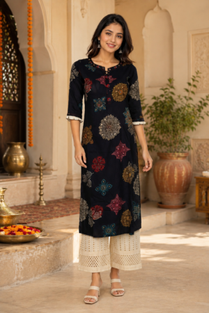 Women's Navy Blue Mall Cotton Printed Kurta with Off-White Palazzo Set MDK020-346-NAVY