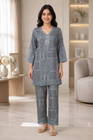 MX2526 Women's Grey Mall Cotton Printed Co-Ord Set | Elegant Kurta & Pant Set MX2526-23-L GRY