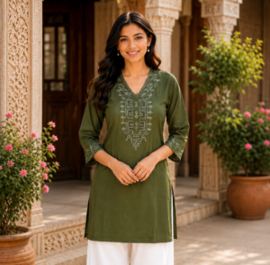 3712PT Women's Olive Green Embroidered Mall Cotton Straight Kurta with White Palazzo Set 3712PT-369-GRN
