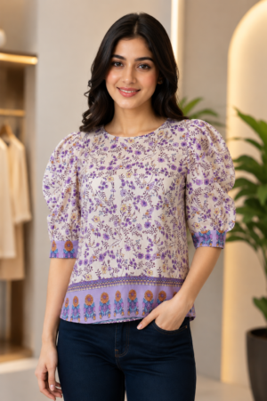 Women's Mall Cotton Floral Printed Top 47775-268-LAV