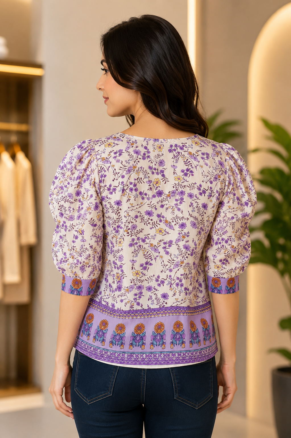 Women's Mall Cotton Floral Printed Top 47775-268-LAV - Image 2