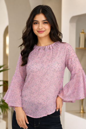 Women's Lavender Floral Printed Mall Cotton Bell Sleeve Top  64506-001-PNK