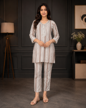 RS2517 Women's Beige Stripe Mall Cotton Kurta & Pant Co-Ord Set RS2517-23-FWN