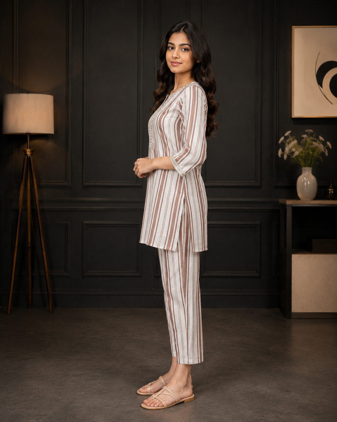 RS2517 Women's Beige Stripe Mall Cotton Kurta & Pant Co-Ord Set RS2517-23-FWN - Image 4