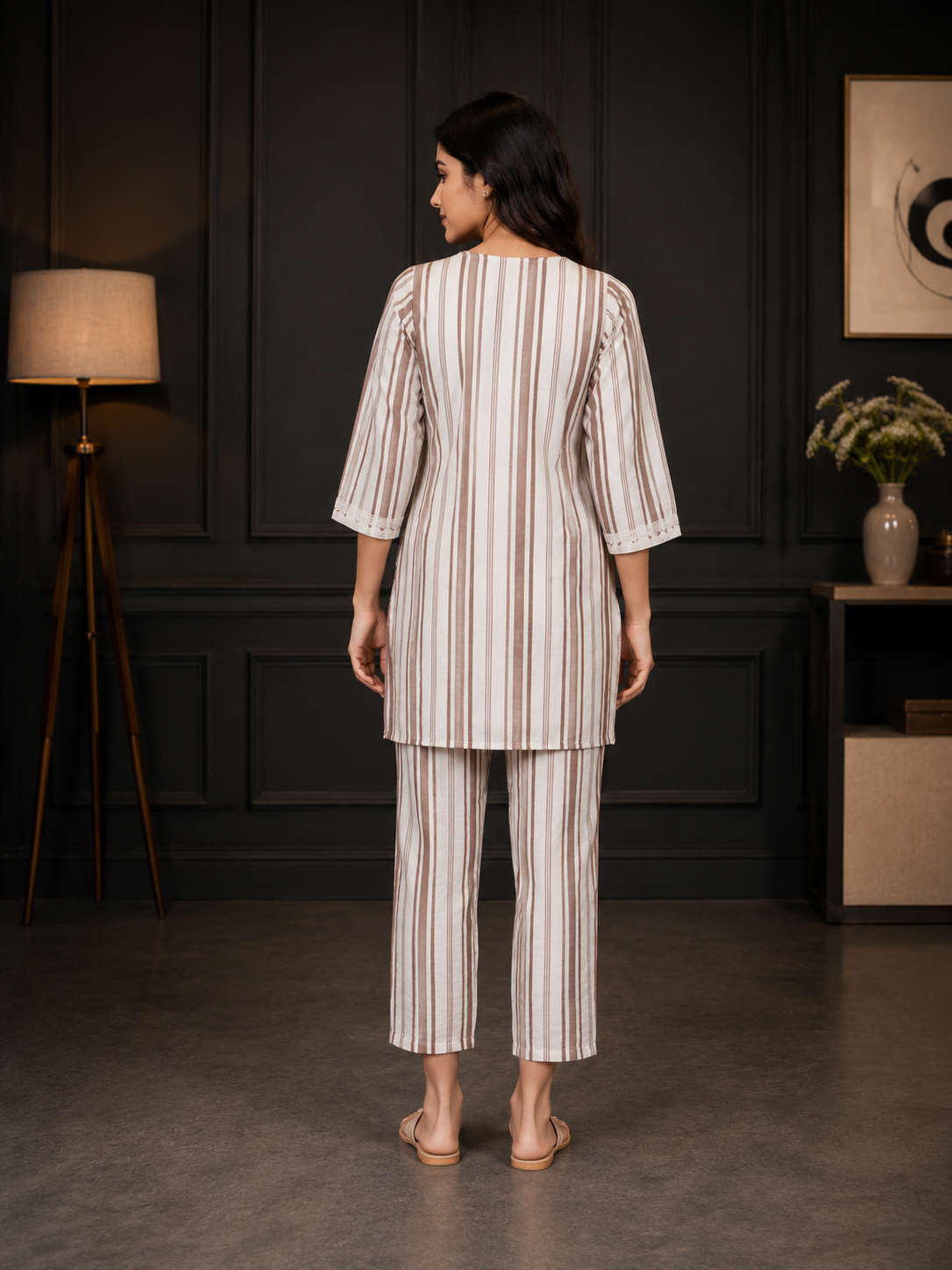 RS2517 Women's Beige Stripe Mall Cotton Kurta & Pant Co-Ord Set RS2517-23-FWN - Image 3