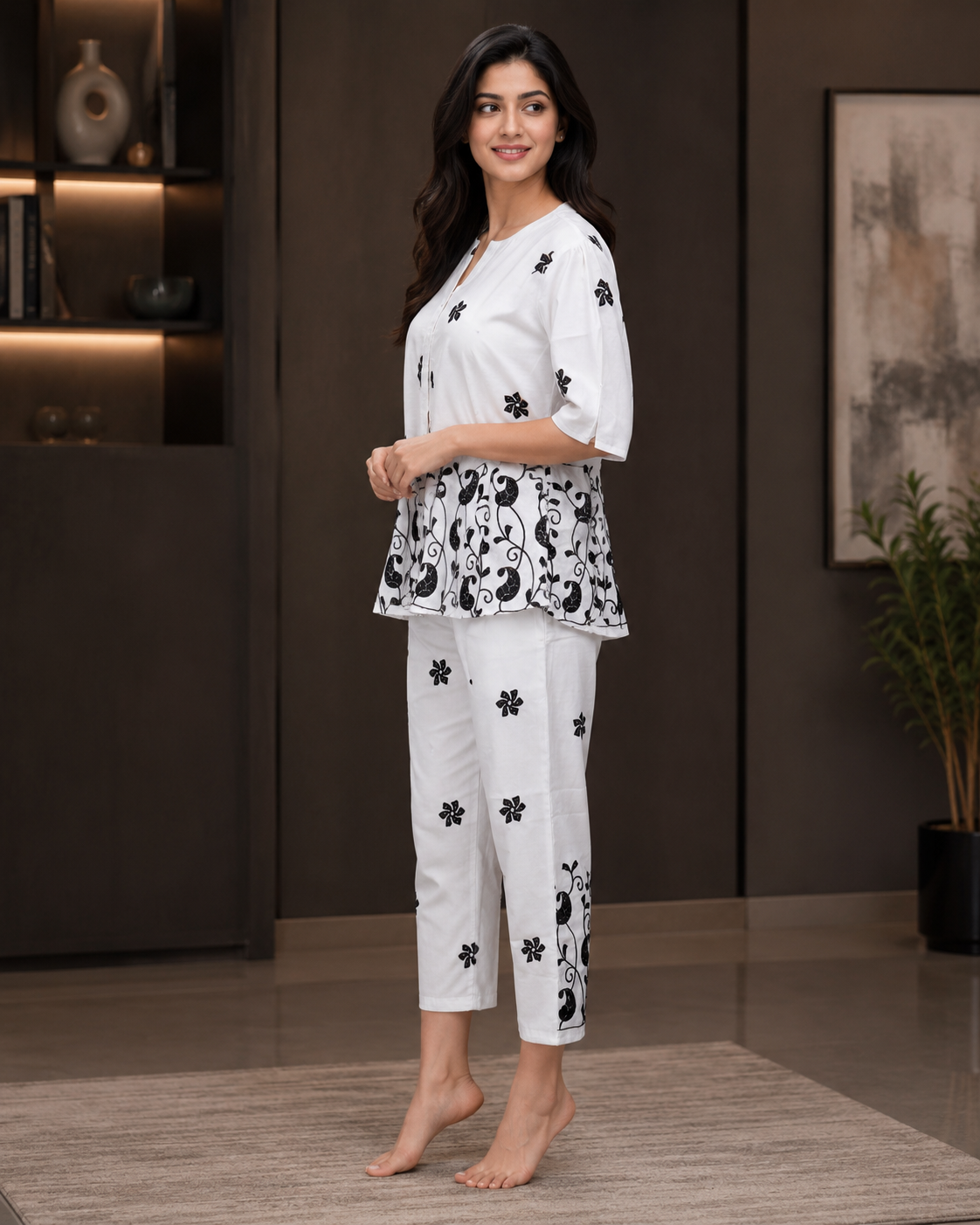 S1938 Women's White & Black Mall Cotton Printed Co-Ord Set | Designer Kurta & Pant Set S1938-68-WHT - Image 3