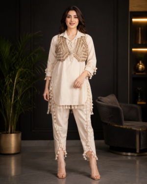 VT05 Women's Cream Mall Cotton Kurta Pant Set with Embroidered Koti VT05-417-CRM