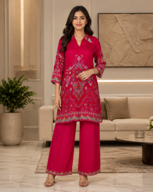 VT12 Women's Rani Pink Mall Cotton Printed Kurta & Palazzo Set | Ethnic Co-Ord Set VT12-417-RNI
