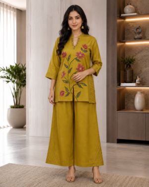 VT19  Women's Mustard Yellow Malk Cotton Floral Printed Kurta & Palazzo Set VT19-417-D YLW