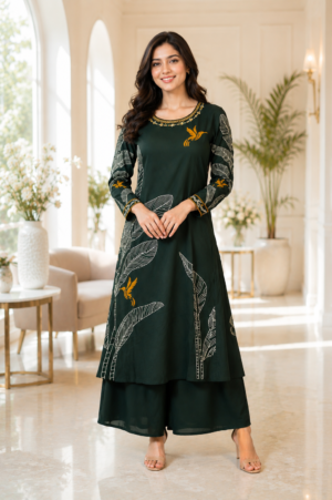 Women's Dark Green Mall Cotton Printed Kurta with Palazzo Set 7743-340-D GRN
