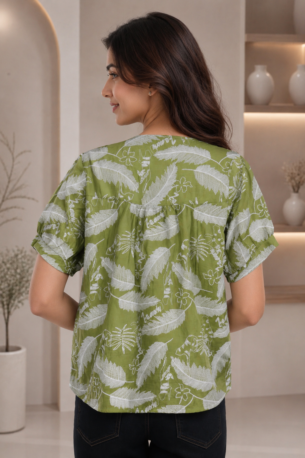 Elegant Olive Green Mall Cotton Printed Top RE008-076-GRN - Image 3