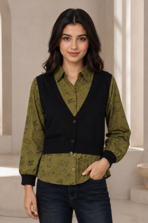 Elegant Olive Green Mall Cotton Layered Top RE011-076-GRN