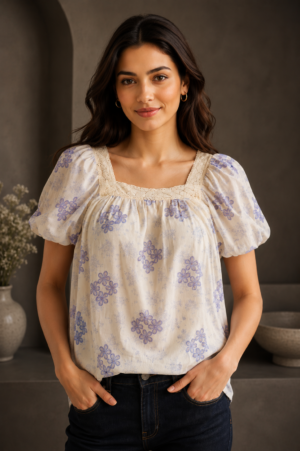 Elegant White & Lavender Floral Mall Cotton Top  RE019-076-WHT