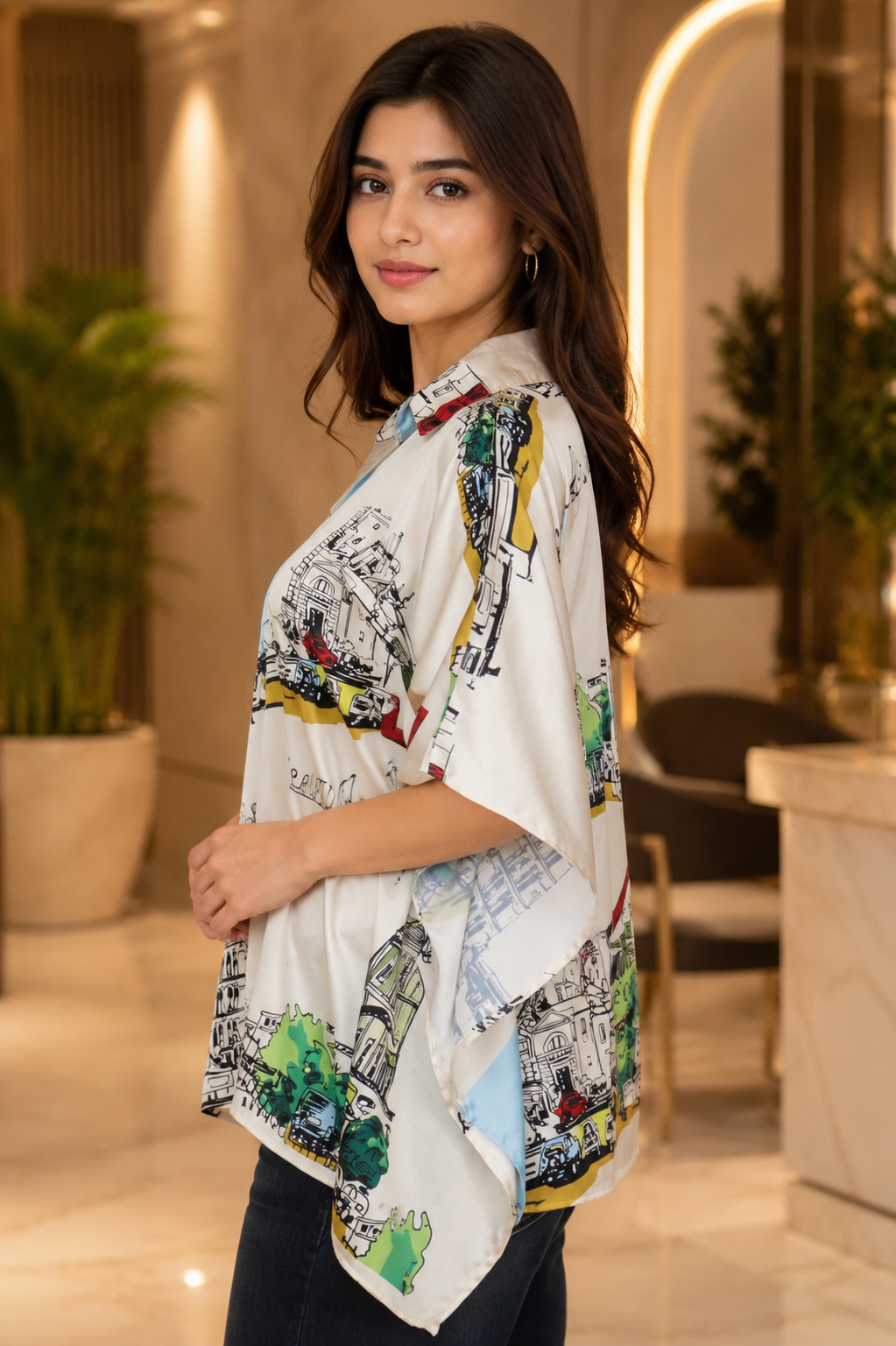 Elegant Cityscape Print Mall Cotton Kaftan Top T-CH-316-CRM - Image 4