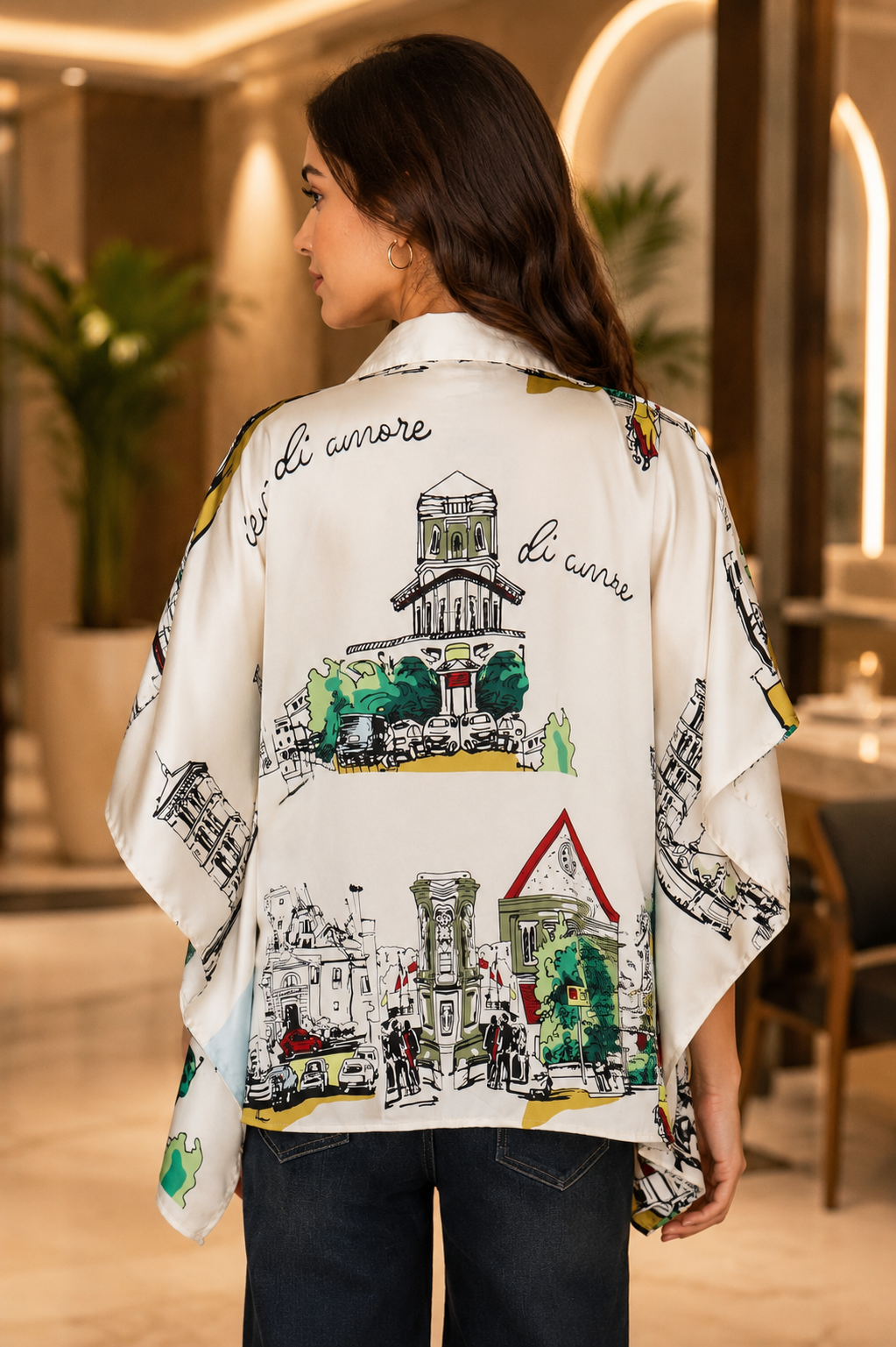 Elegant Cityscape Print Mall Cotton Kaftan Top T-CH-316-CRM - Image 2
