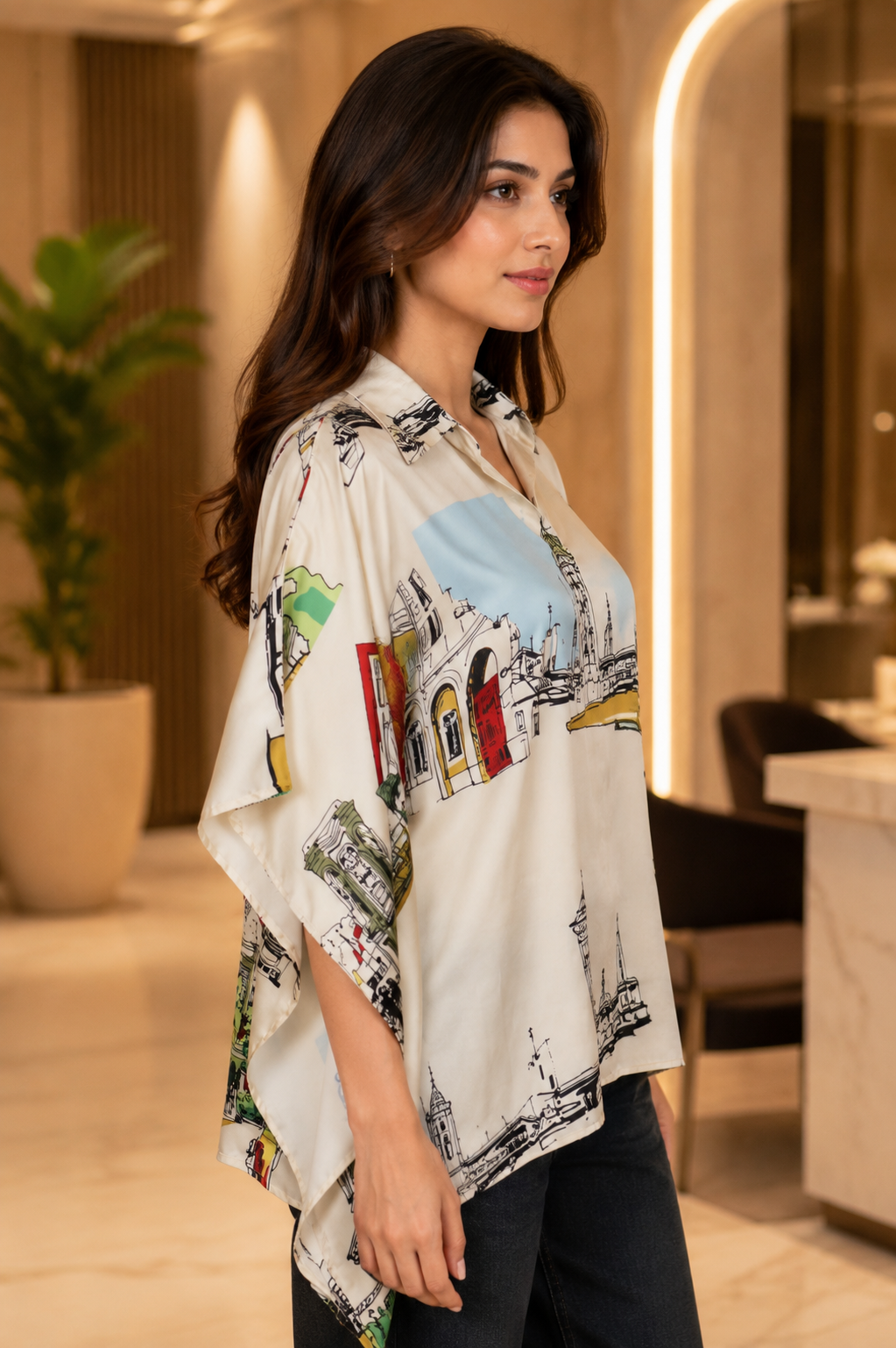 Elegant Cityscape Print Mall Cotton Kaftan Top T-CH-316-CRM - Image 3