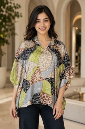 Elegant Multicolor Abstract Mall Cotton Kaftan Top T-CH-316-GRN