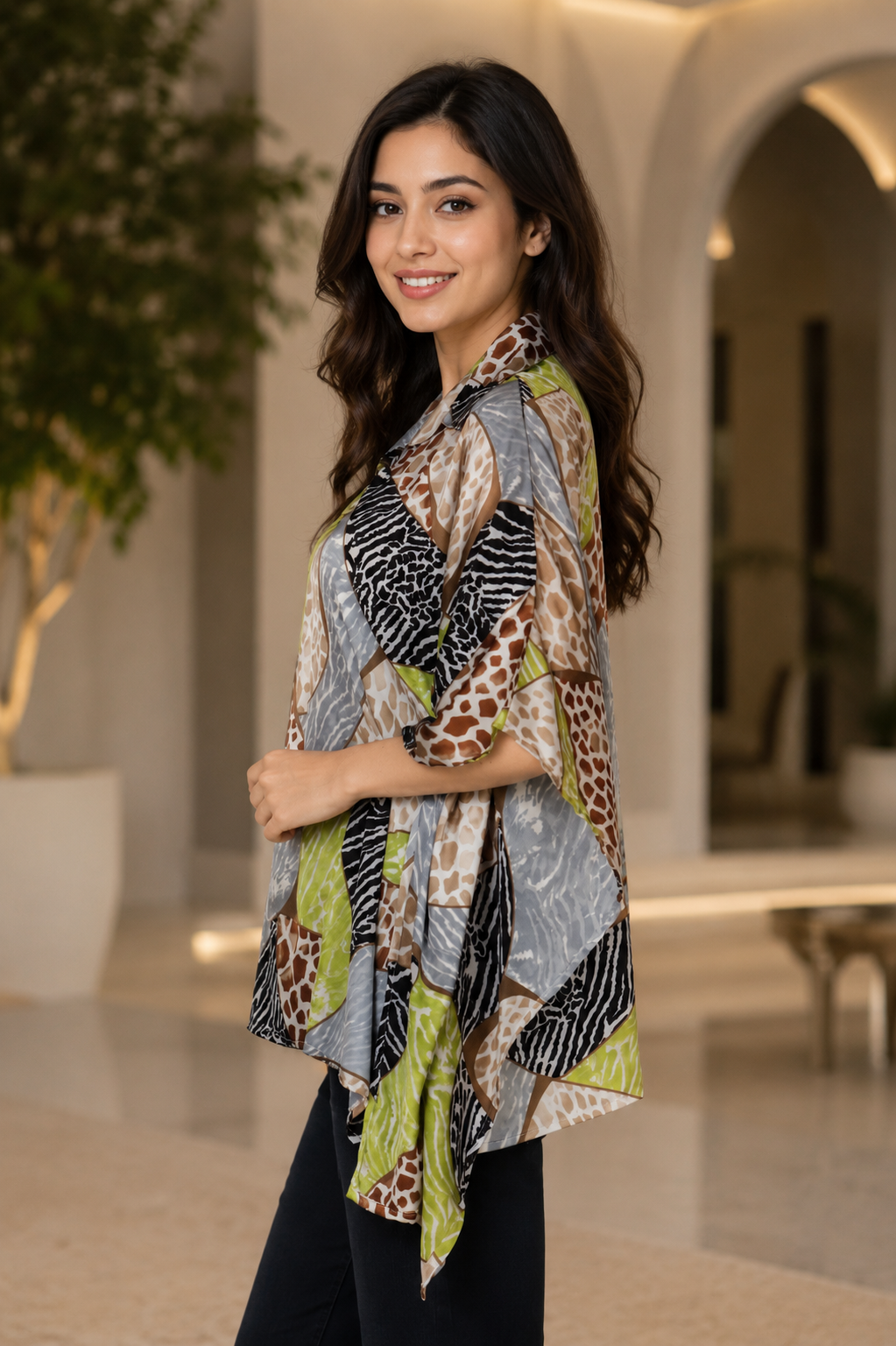 Elegant Multicolor Abstract Mall Cotton Kaftan Top T-CH-316-GRN - Image 4