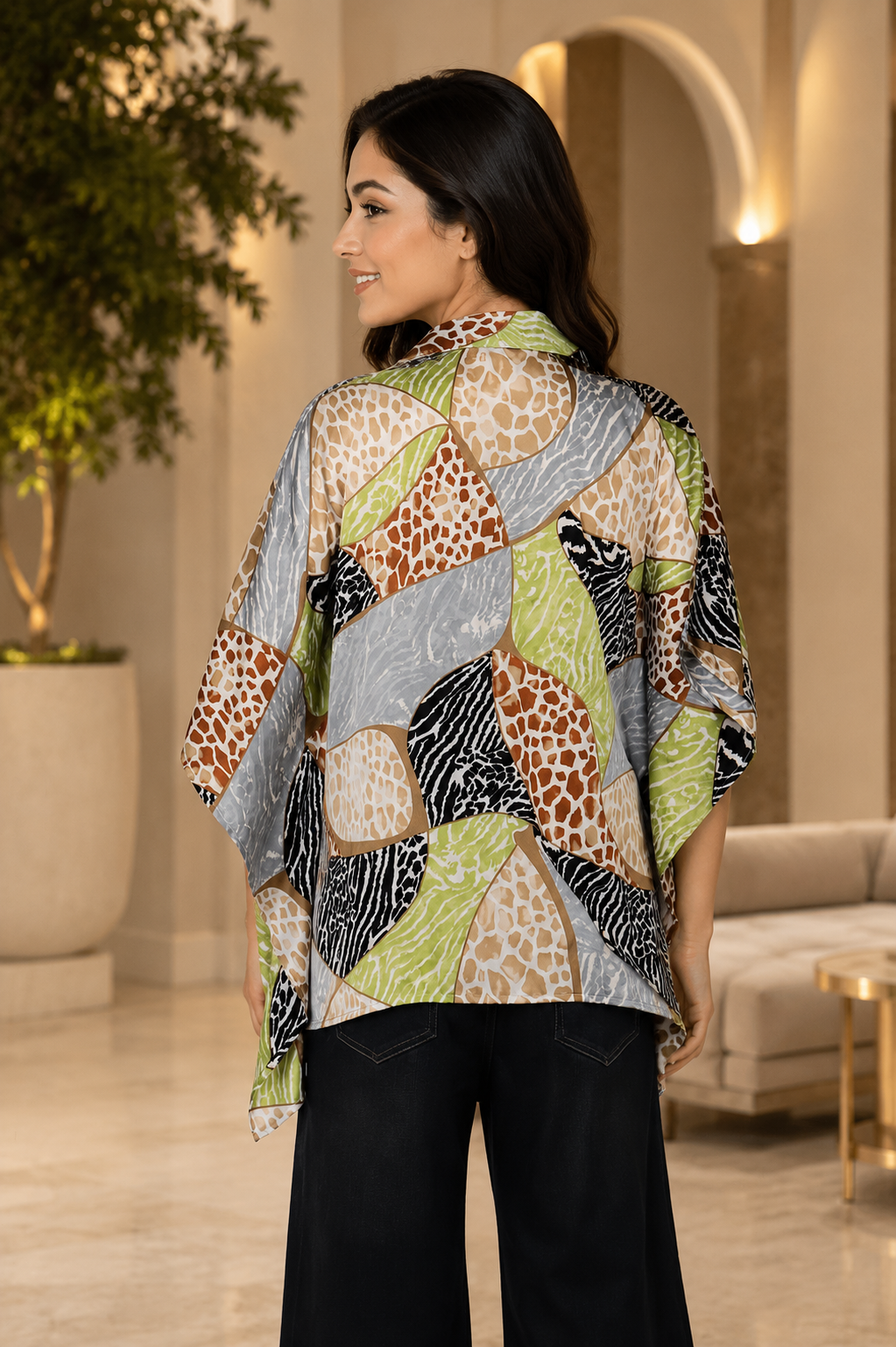 Elegant Multicolor Abstract Mall Cotton Kaftan Top T-CH-316-GRN - Image 3