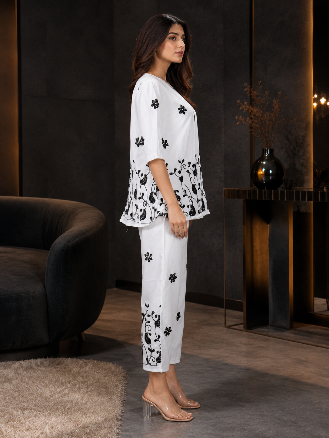 S1938 Women's White & Black Mall Cotton Printed Co-Ord Set | Designer Kurta & Pant Set S1938-68-WHT - Image 4