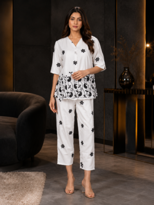 S1938 Women's White & Black Mall Cotton Printed Co-Ord Set | Designer Kurta & Pant Set S1938-68-WHT