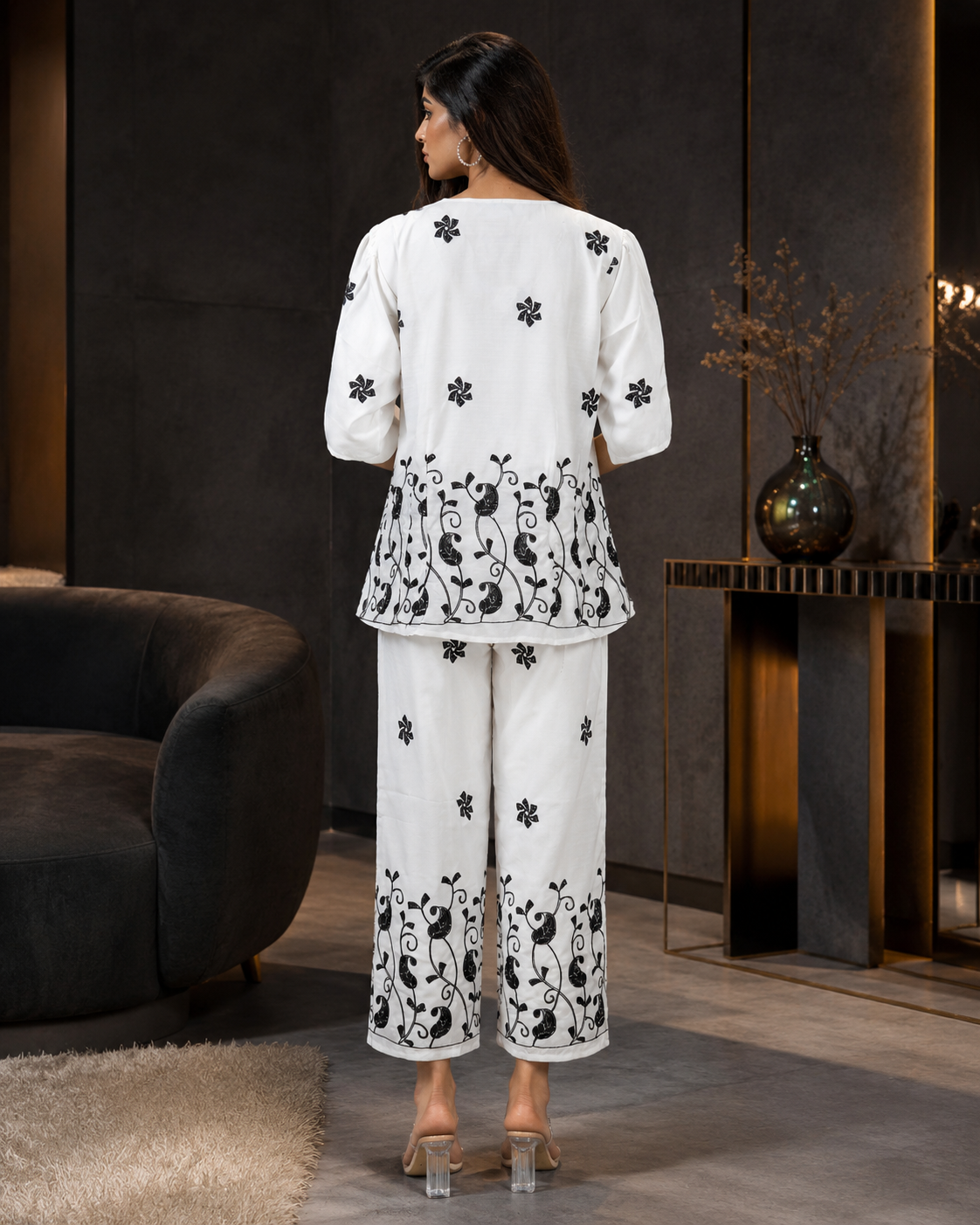 S1938 Women's White & Black Mall Cotton Printed Co-Ord Set | Designer Kurta & Pant Set S1938-68-WHT - Image 2