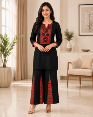V6 Women's Black Mall Cotton Embroidered Kurta & Palazzo Set | Ethnic Co-Ord Set V6-417-BLK