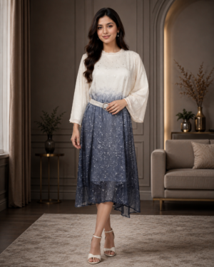 Slate Blue Ombre Ladies Middy Dress | Premium Imported Fabric 2094MK-214-WHT-BLU