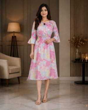 3460 Pastel Dream Printed Ladies Middy Dress | Imported Fabric | Elegant Casual Wear 3460-23-PNK