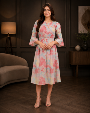 3460 Pastel Bloom Printed Ladies Middy Dress | Imported Fabric | Elegant Everyday Wear 3460-23-PCH