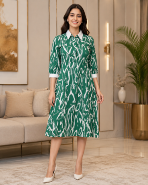Emerald Grace Printed Ladies Middy Dress | Imported Fabric | Elegant Casual Wear 5080-241-GRN