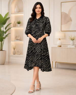 Midnight Elegance Printed Ladies Middy Dress | Imported Fabric | Premium Casual Wear 5138-2-214-BLK