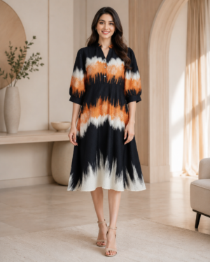 Sunset Aura Printed Ladies Middy Dress | Imported Fabric | Elegant Everyday Wear 11102-214-NVY