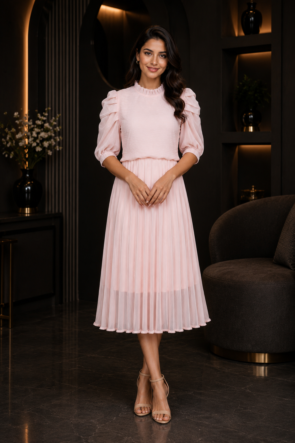 Women's Imported Pleated Midi (Middy) Dress – Elegant Party & Casual Wear 39023-166-PNK