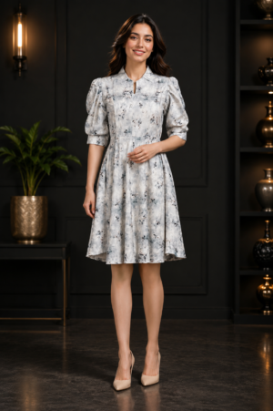 Women's Imported Floral Print Middy Dress – Elegant Everyday Wear MF06-60-BLU