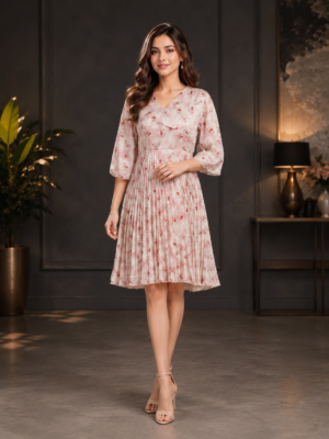 Women’s Imported Floral Pleated Middy Dress – Elegant Occasion Wear MF021-60-PNK
