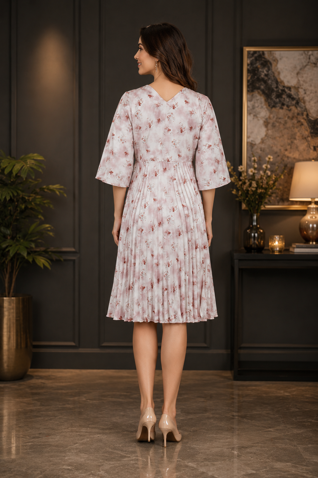 Women’s Imported Floral Pleated Middy Dress – Elegant Occasion Wear MF021-60-PNK - Image 3