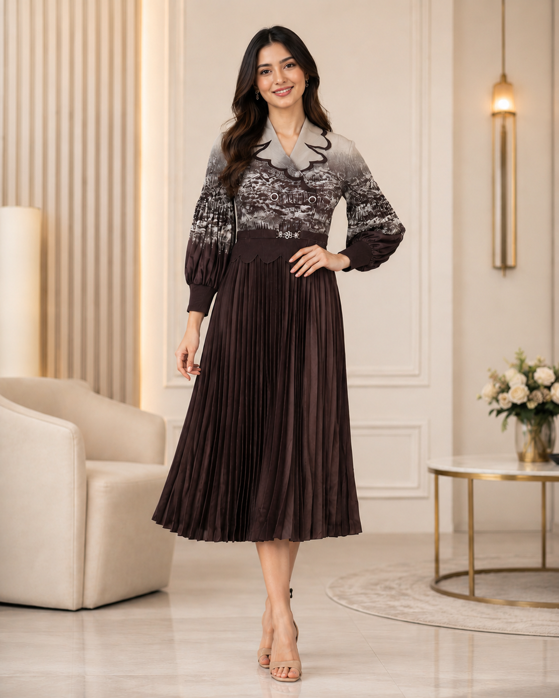 1845PL Chocolate Brown Pleated Ladies Middy Dress | Premium Imported Fabric 1845PL-441-CFF