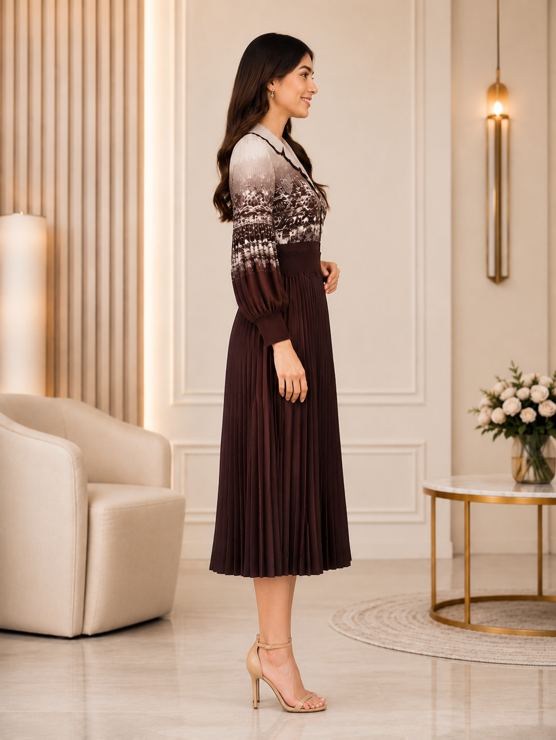 1845PL Chocolate Brown Pleated Ladies Middy Dress | Premium Imported Fabric 1845PL-441-CFF - Image 3